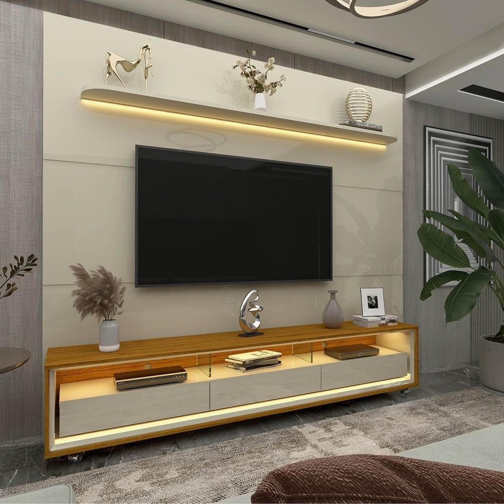Miniatura Rack com Painel para Tv até 85 Polegadas Led 3 Gavetas com Rodízios 220cm Royal/requinte Off White/Naturale-Off White