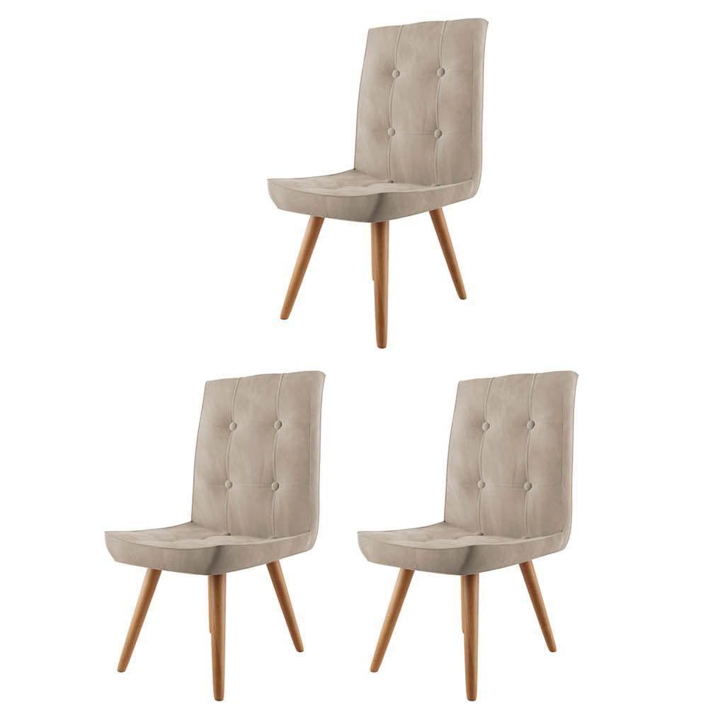 Miniatura Conjunto 03 Cadeira De Jantar Drop Com Botão Base Pé Palito Imbuia Sintético Bege