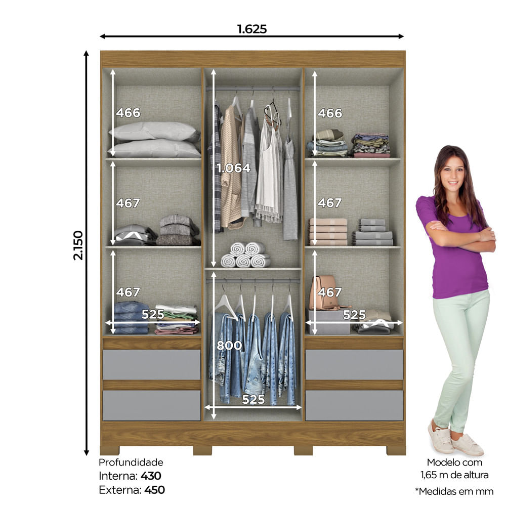 Miniatura Guarda Roupa Casal 03 Portas 04 Gavetas B55 Briz Nature com Cinza