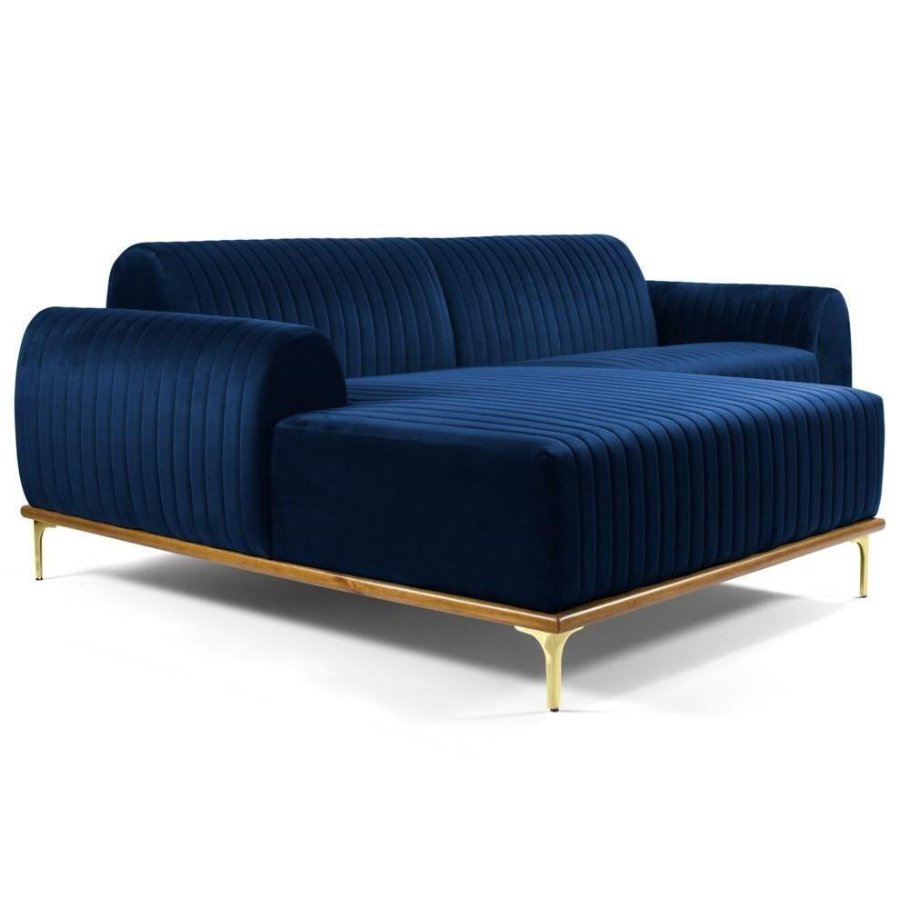 Miniatura Sofá 230cm 4 Lugares Com Chaise Esquerdo Pés Gold Molino C-304 Veludo Azul Marinho - Domi