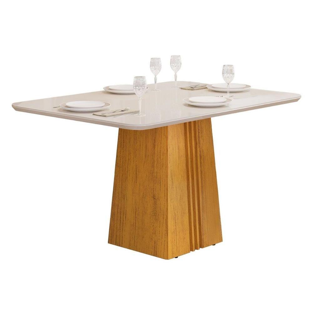 Miniatura Mesa Para Cozinha Italia Com Tampo Madeirado Com Vidro 120x90cm Cedro Off White Dj Móveis