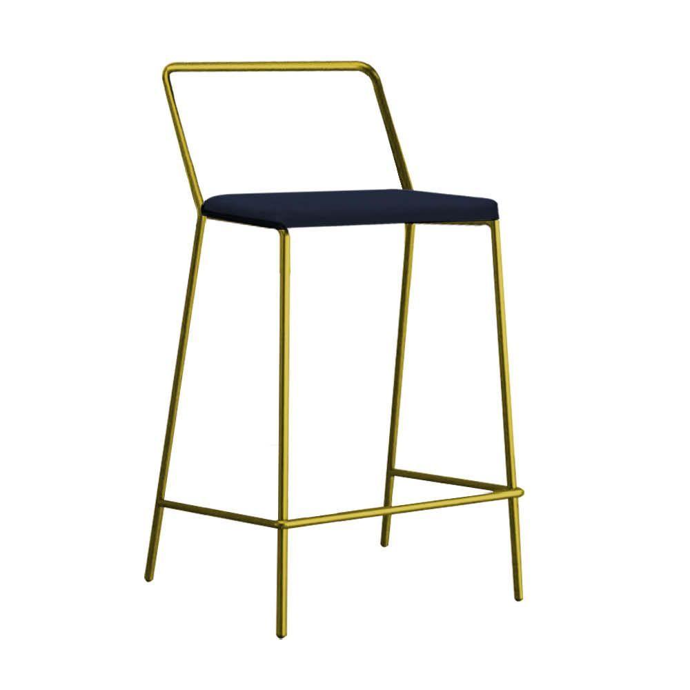 Miniatura Banqueta Alta Com Encosto Mili Industrial Cozinha Bistrô Ferro Dourado Suede Azul Marinho