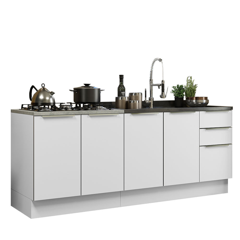 Kit com 2 Balcões de Cozinha Madesa Lux 4 Portas 3 Gavetas (Sem Tampo e Pia) Branco/Branco Veludo Cor:Branco/Branco Veludo