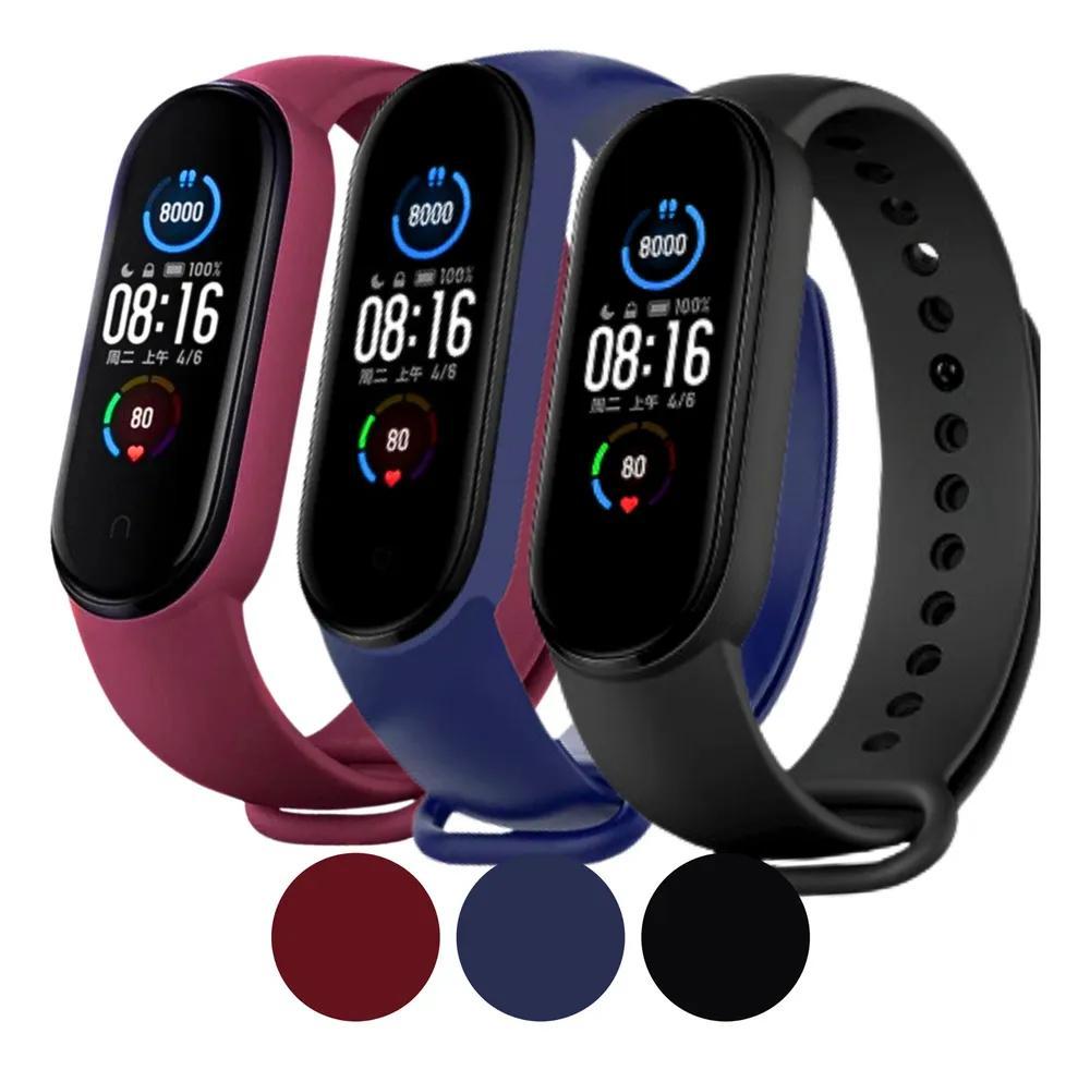 Miniatura 5X Kit 3 Pulseiras Para Mi Band 5 6 7 Vinho Marsala Preto Az