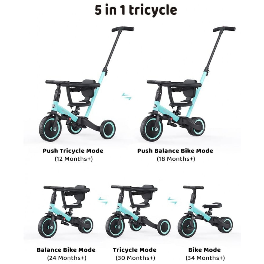 Miniatura Triciclo Infantil 5 em 1 com Alça para os Pais, Protetor de Segurança e Cinto de Segurança, Newyoo TR008, Azul Claro