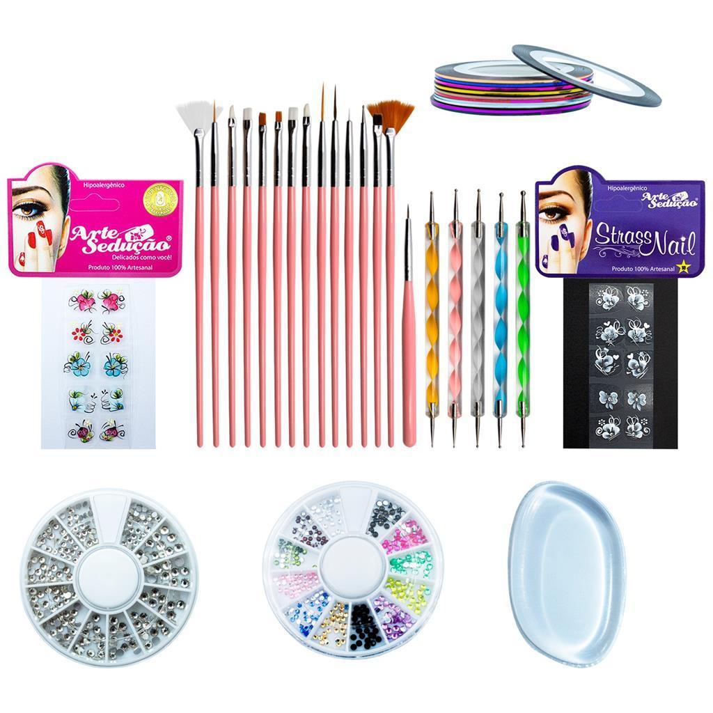 Miniatura Kit Nail Art Pincel Boleador Strass Adesivos Fitilho Esponja