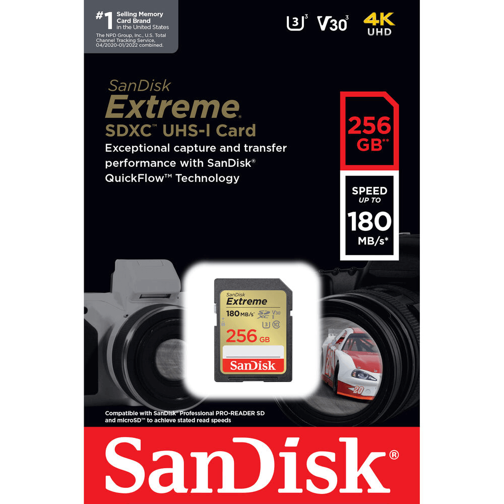 Miniatura Cartão SDXC 256Gb SanDisk Extreme 4K 180Mb/s UHS-I / V30 / U3 / Classe 10