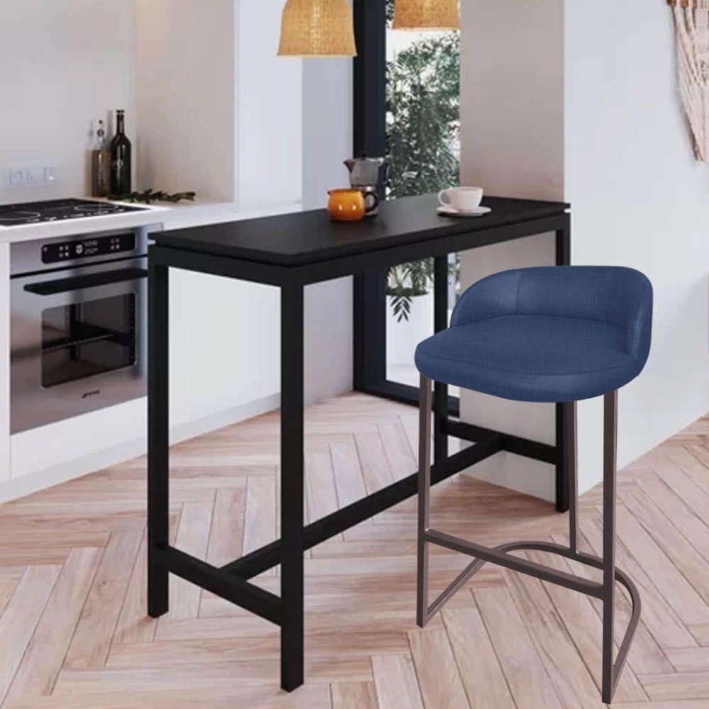 Miniatura Banqueta Betyna Com Encosto Alta Cozinha Bar Balcão Ferro Marrom Linho Azul Marinho - Amey Decor