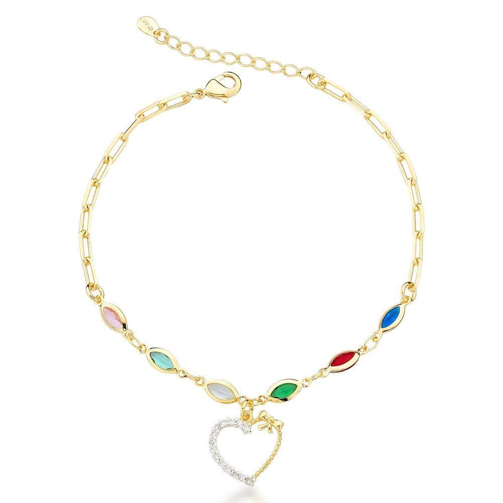 Miniatura Pulseira Elos E Zircônios Coloridos E Coração Banhado A Ouro 18k