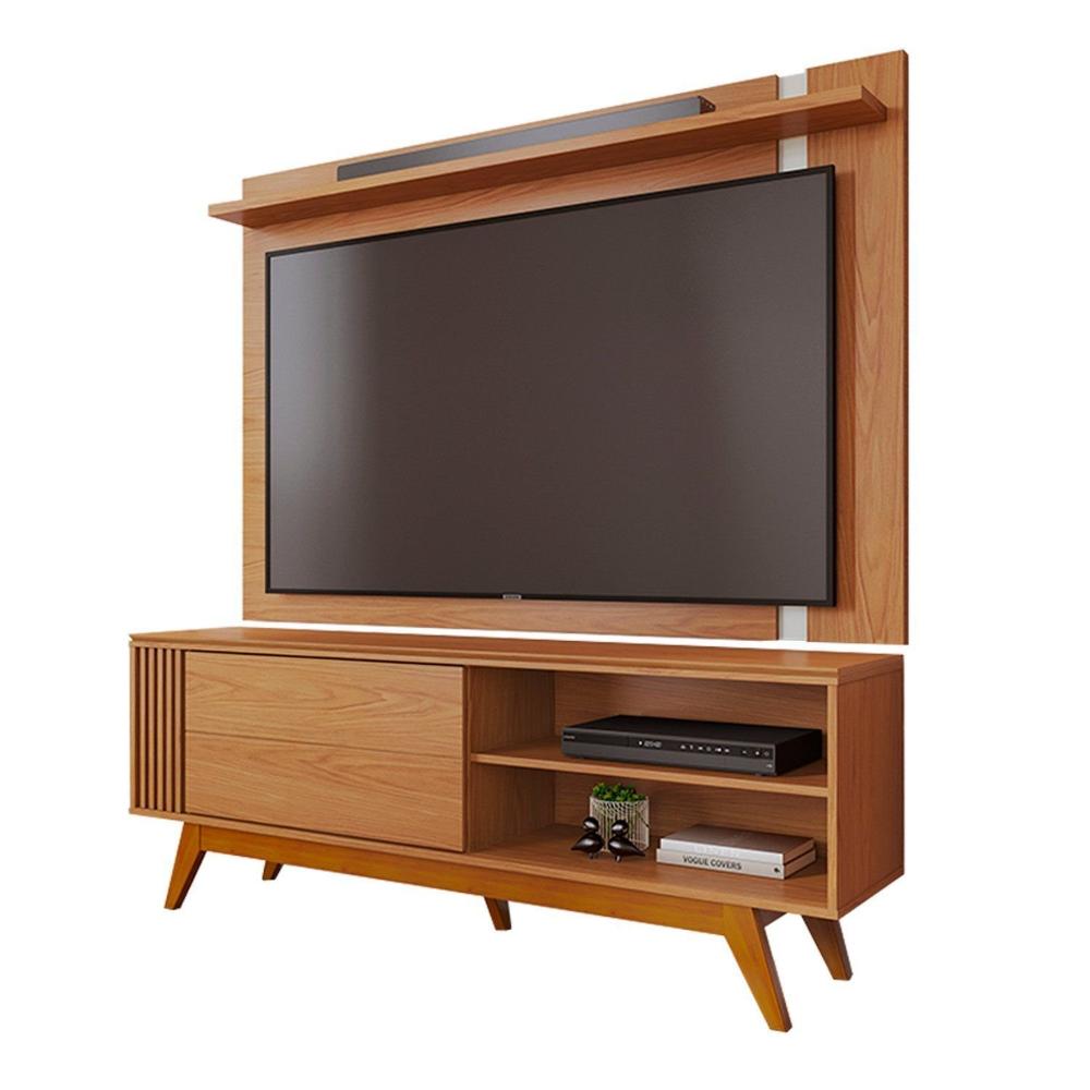 Miniatura Rack com Painel para Tv 70 Polegadas Otawa e Leme Porta Deslizante Ripado Artesanal Pés Madeira Freijó / Off White Matte