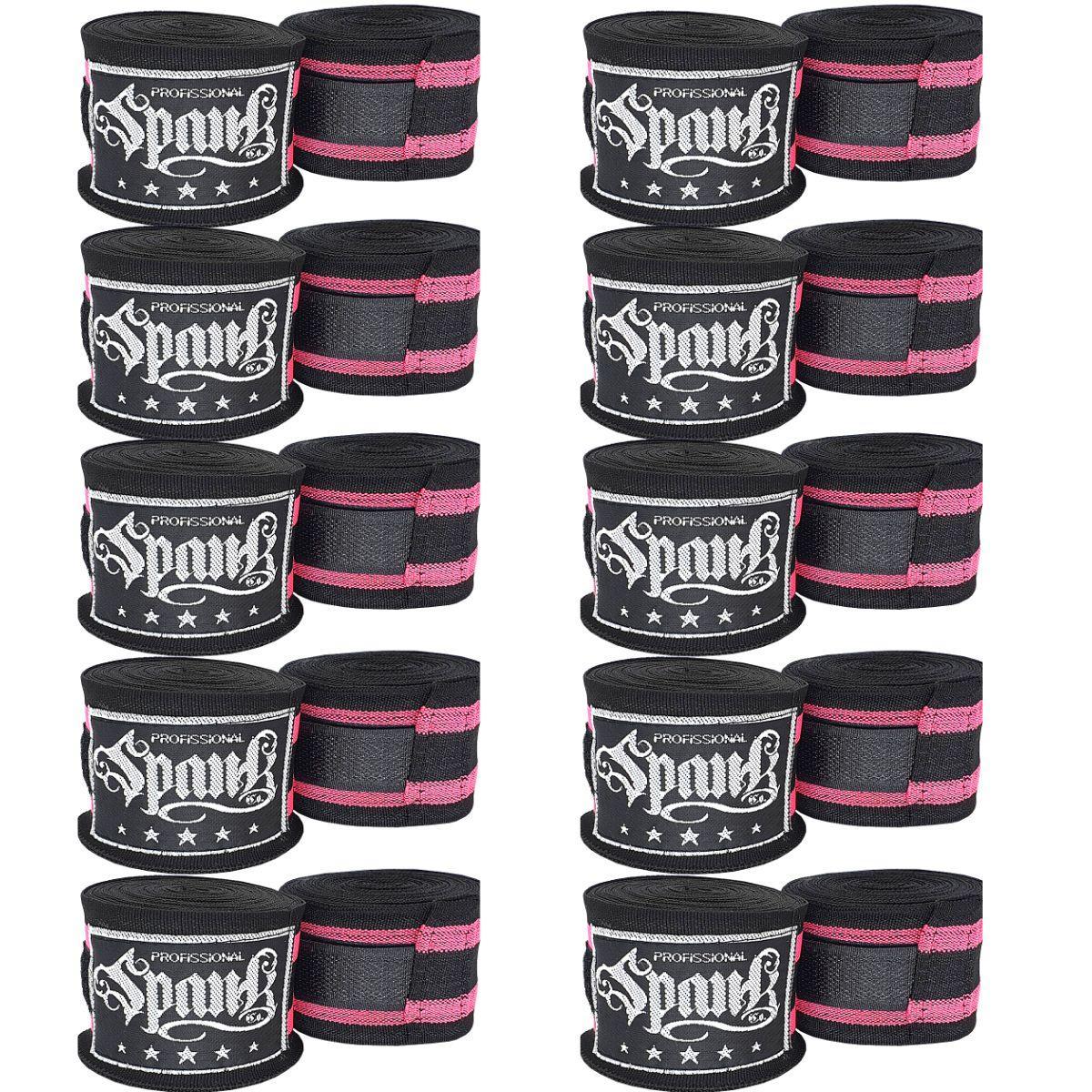 Miniatura Kit 10 Pares Bandagem Elástica Boxe 3Metros - Preto/Rosa