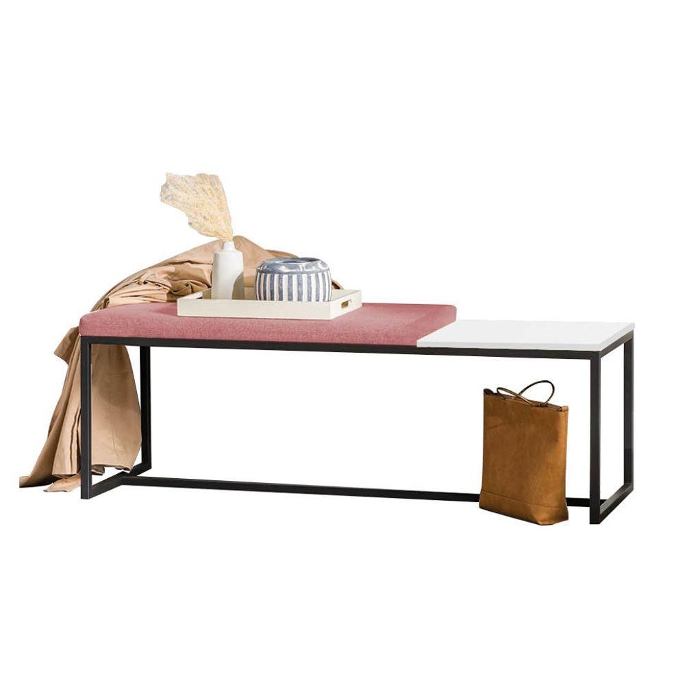 Miniatura Banco Recamier Puff 195cm Industrial Preto Suede Rose Tampo Quadrado Branco