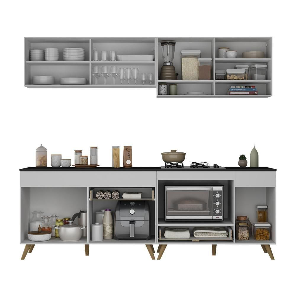 Miniatura Armário De Cozinha Modulada Compacta 225cm Com Balcão Para Cooktop Veneza Multimóveis Mp2263 Branco/dourado