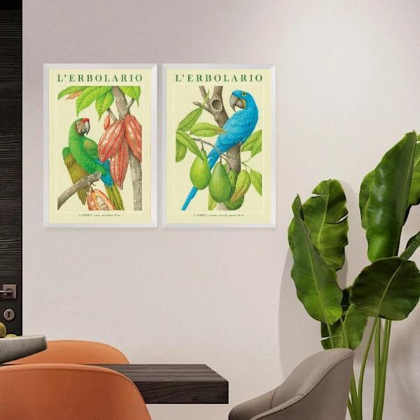 Miniatura Kit 2 Quadros Botânicos Araras Tropicais 45X34Cm - Com Vidro