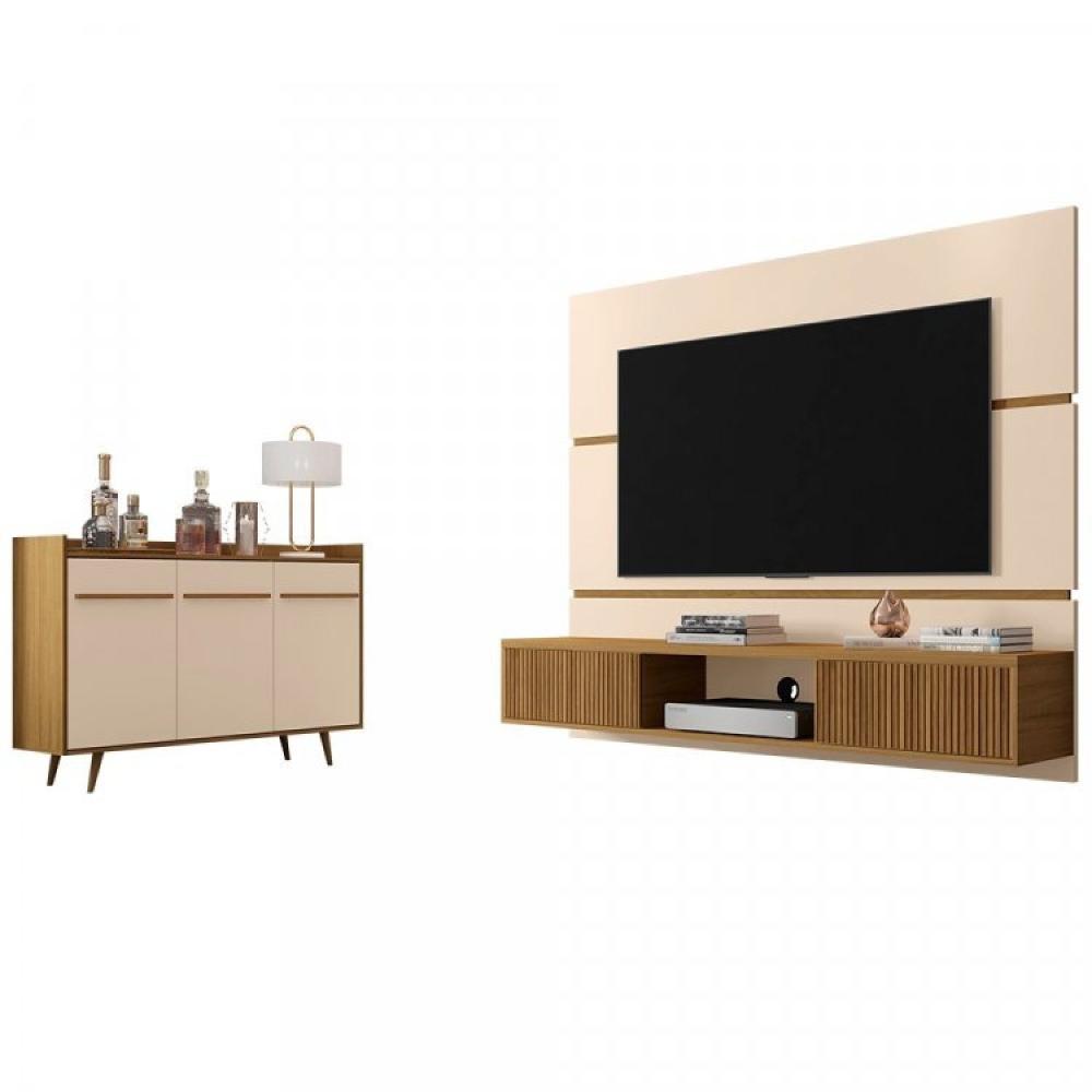 Miniatura Conjunto Painel Âmbar para TV até 65 Polegadas e Buffet Quartzo Pés de Madeira Móveis Bechara Off White/Cinamomo