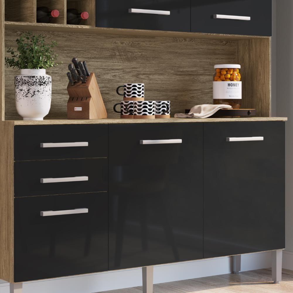 Cozinha Compacta Decibal AC6200 6 Portas 2 Gavetas com Armário e Balcão - Wood Preto