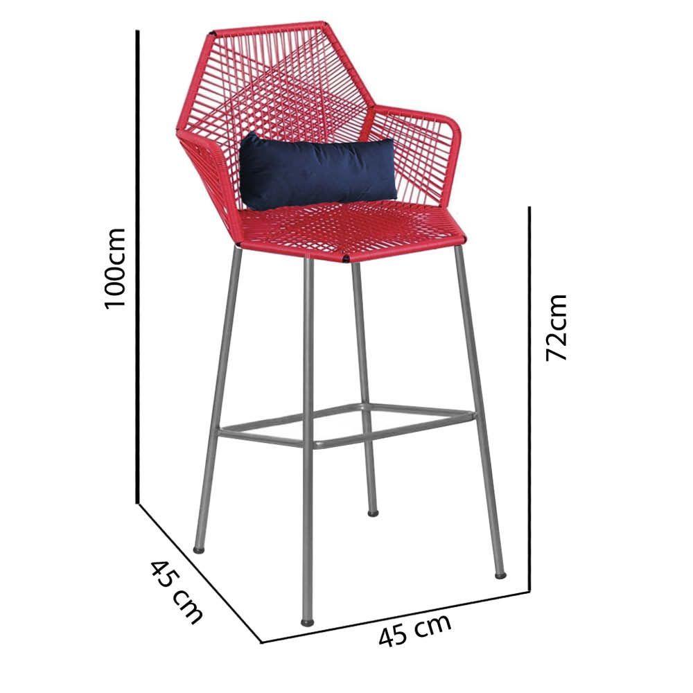 Miniatura Banqueta Alta Com Encosto Ferro Prata Fibra Vermelho Almofada Azul Marinho