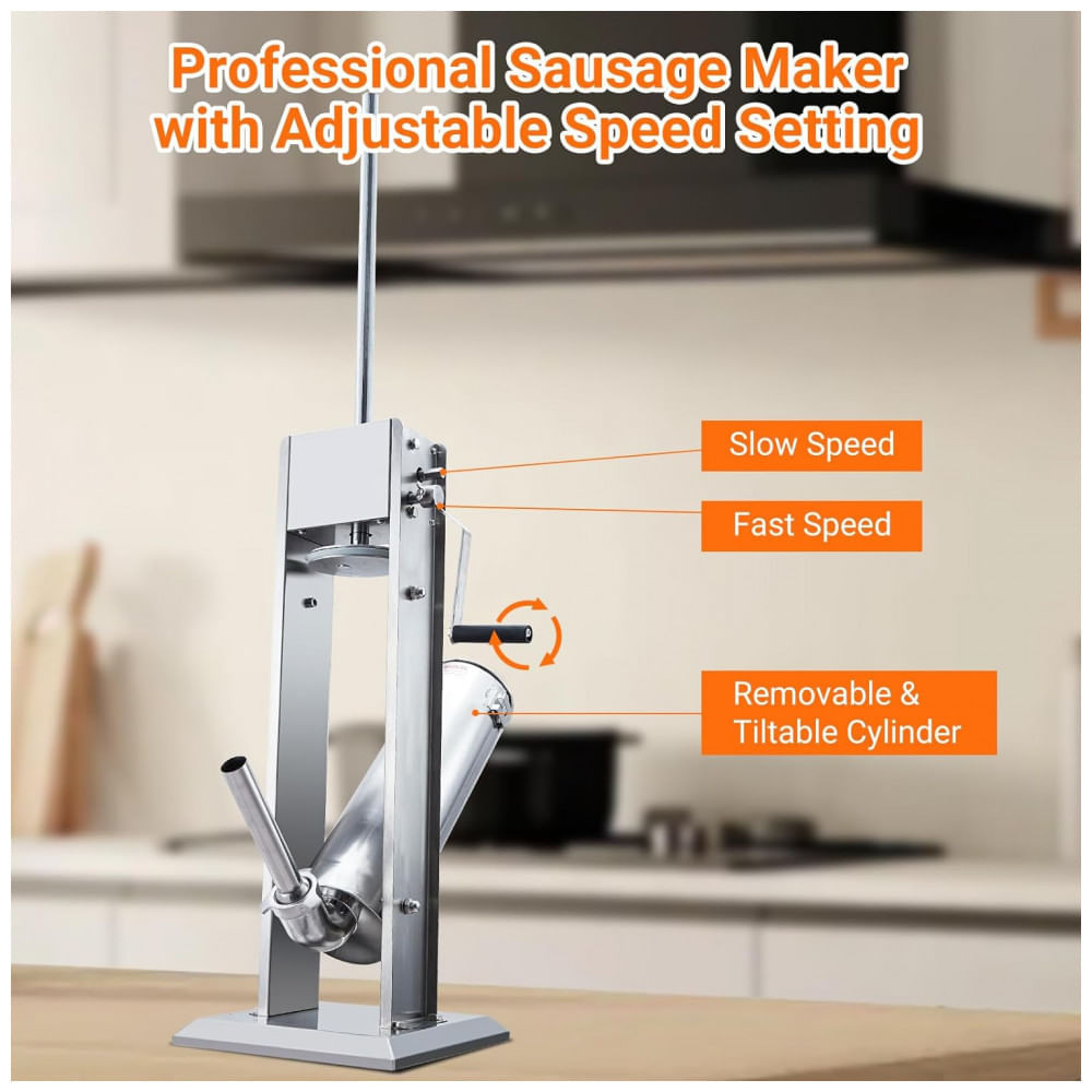 Miniatura Máquina de Embutir Linguiça 15LBS7L Manual, Enchedora de Carne com Dupla Velocidade em Aço Inoxidável, 5 Tubos de Enchimento, ExploreHorizon