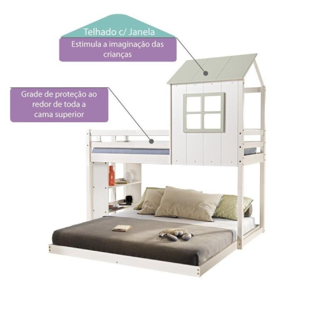 Miniatura Beliche Queen Montessoriano Cabana Family com Estante Casatema Branco/Verde