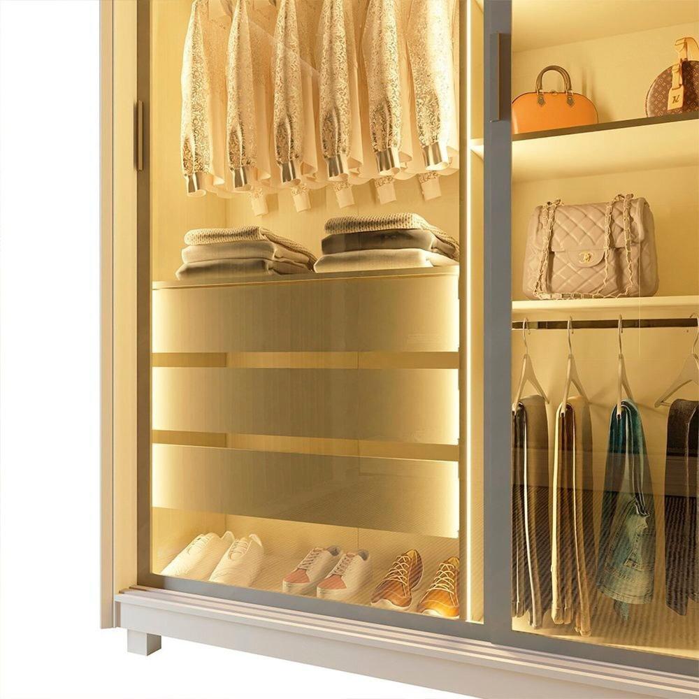 Guarda-roupa Casal 3 Portas Reflecta com Pés e Led 100% Mdf Platinum Off White