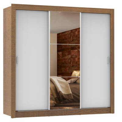 Miniatura Guarda Roupa Casal Madesa Lyon Plus 3 Portas de Correr com Espelho 4 Gavetas Rustic/Branco Cor:Rustic/Branco
