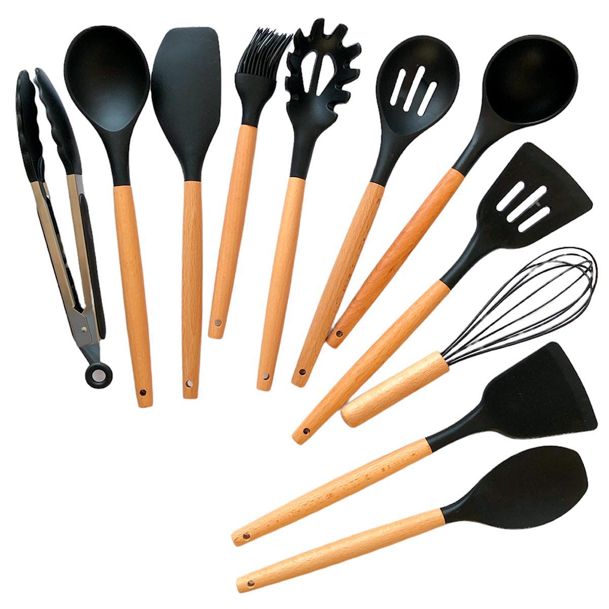 Miniatura Kit Utensílios Cozinha Silicone Colher Copo Suporte 12 Peças