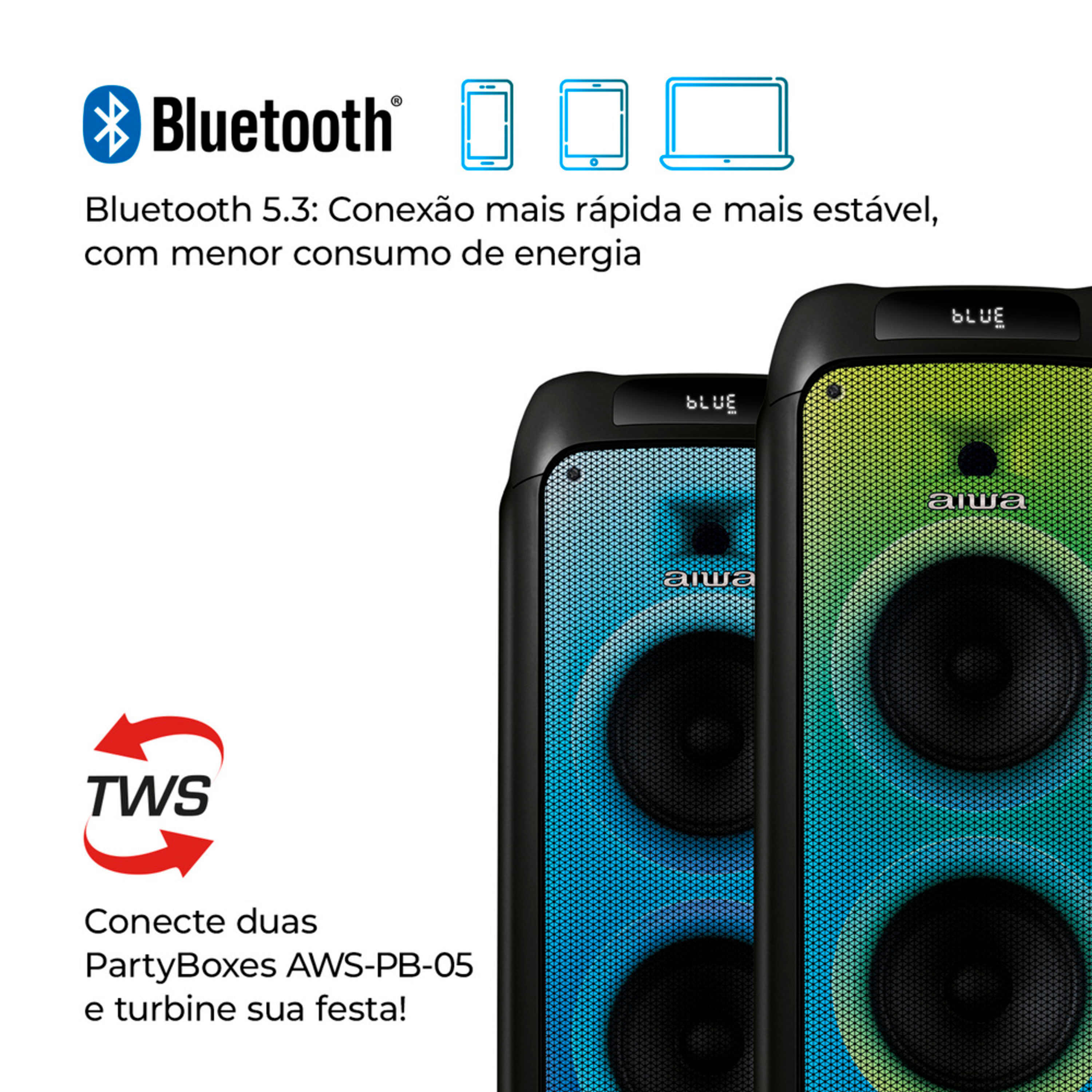 Miniatura Caixa de Som PartyBox AIWA PB-05 Bluetooth 20H RGB USB TWS Preto BIV