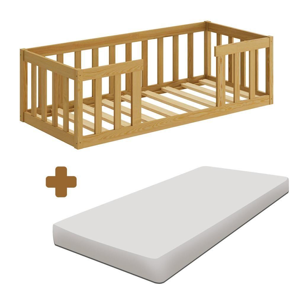 Miniatura Cama Cercadinho De Chão Infantil Montessori Nogueira Com Colchão Mura Jm Móveis