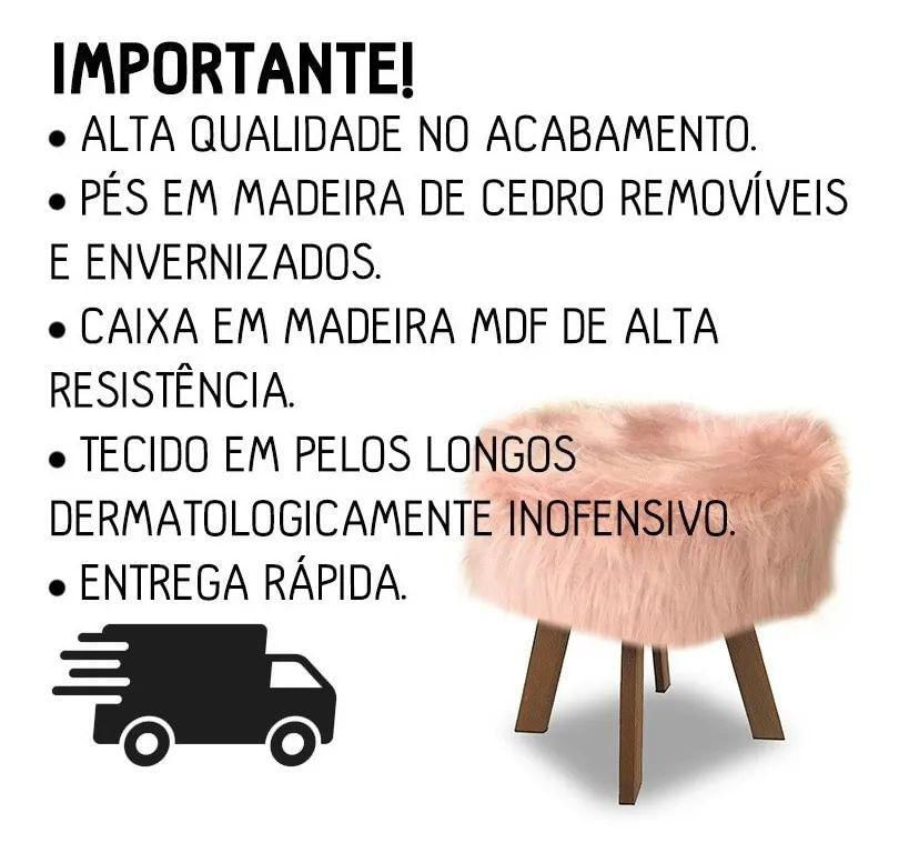 Miniatura Puff Banqueta Quadrado Pelo Longo Pés De Madeira Off White
