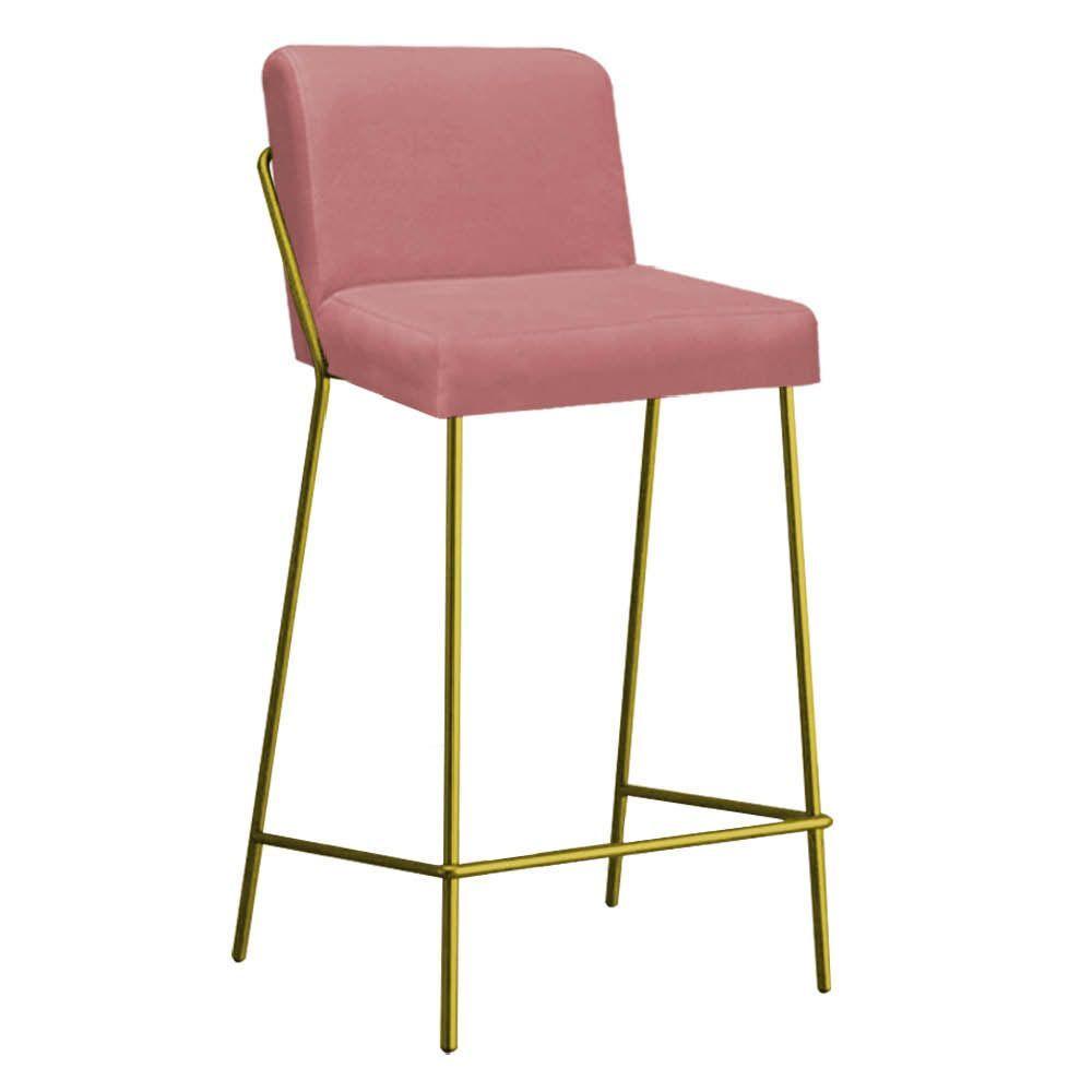 Miniatura Banqueta Alta Com Encosto Drika Industrial Cozinha Bistrô Ferro Dourado Suede Rose Gold