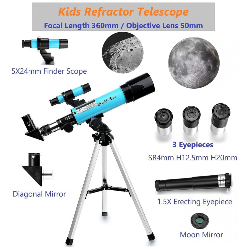 Miniatura Telescópio Astronômico 8x21 com Binóculos HD, Mira Finder e 3 Oculares, MaxUSee F36050, Azul Claro