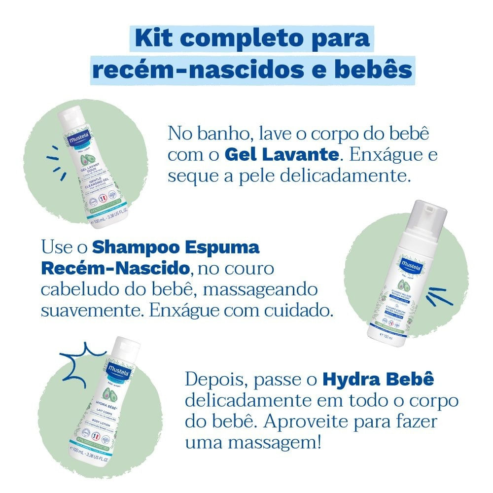 Miniatura Kit Mustela Essenciais Bebê Gel 200ml+ Shampoo 150ml+ Hydra 100ml+ Água De Limpeza 100ml+ Creme 54g