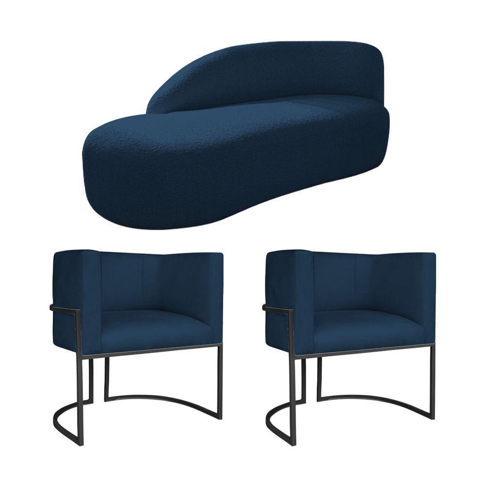 Miniatura Kit Divã Luna 160cm Lado Esquerdo E 02 Poltronas Base De Ferro Preto Suede Cor Azul Marinho