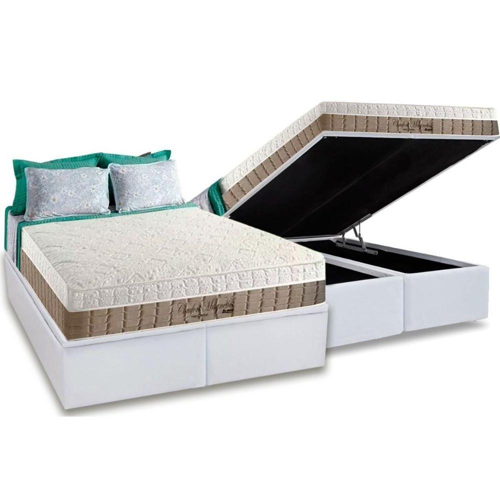 Miniatura Cama Box Baú Queen: Colchão Anjos Infravermelho Longo Terapêutico Confort Nude+Base Branco(158X198)