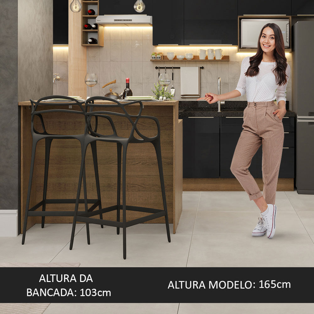 Ilha de Cozinha com Bancada e Balcão 120 cm Rustic/Preto Lux Madesa Cor:Rustic/Preto