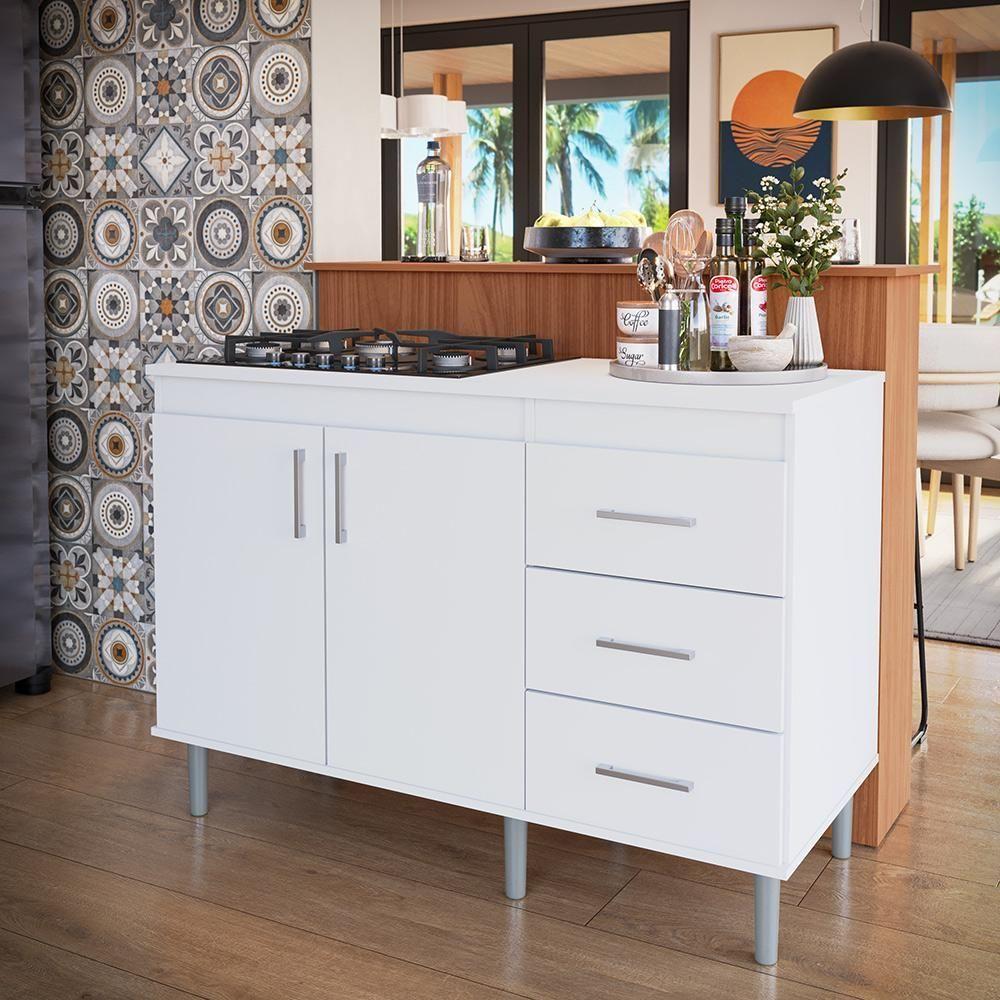 Miniatura Kit Bancada Ilha Para Cozinha + Balcão Para Cooktop 1,20m 5 Bocas 2 Portas E 3 Gavetas Turim Branco Branco