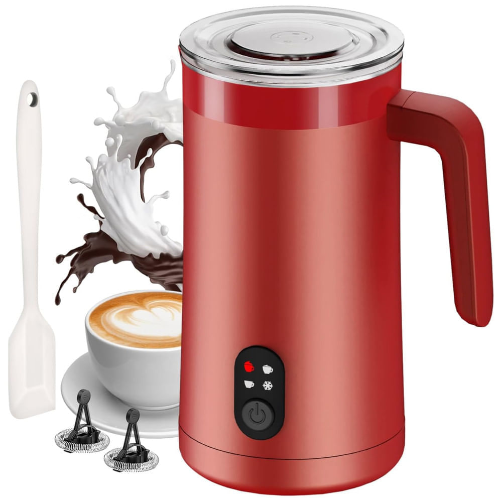 Miniatura Espumador de Leite Elétrico Ovetedot, 4 em 1, 400ml Vermelha: Crie Espuma Quente e Fria, Aqueça e Esquente Leite Automaticamente!