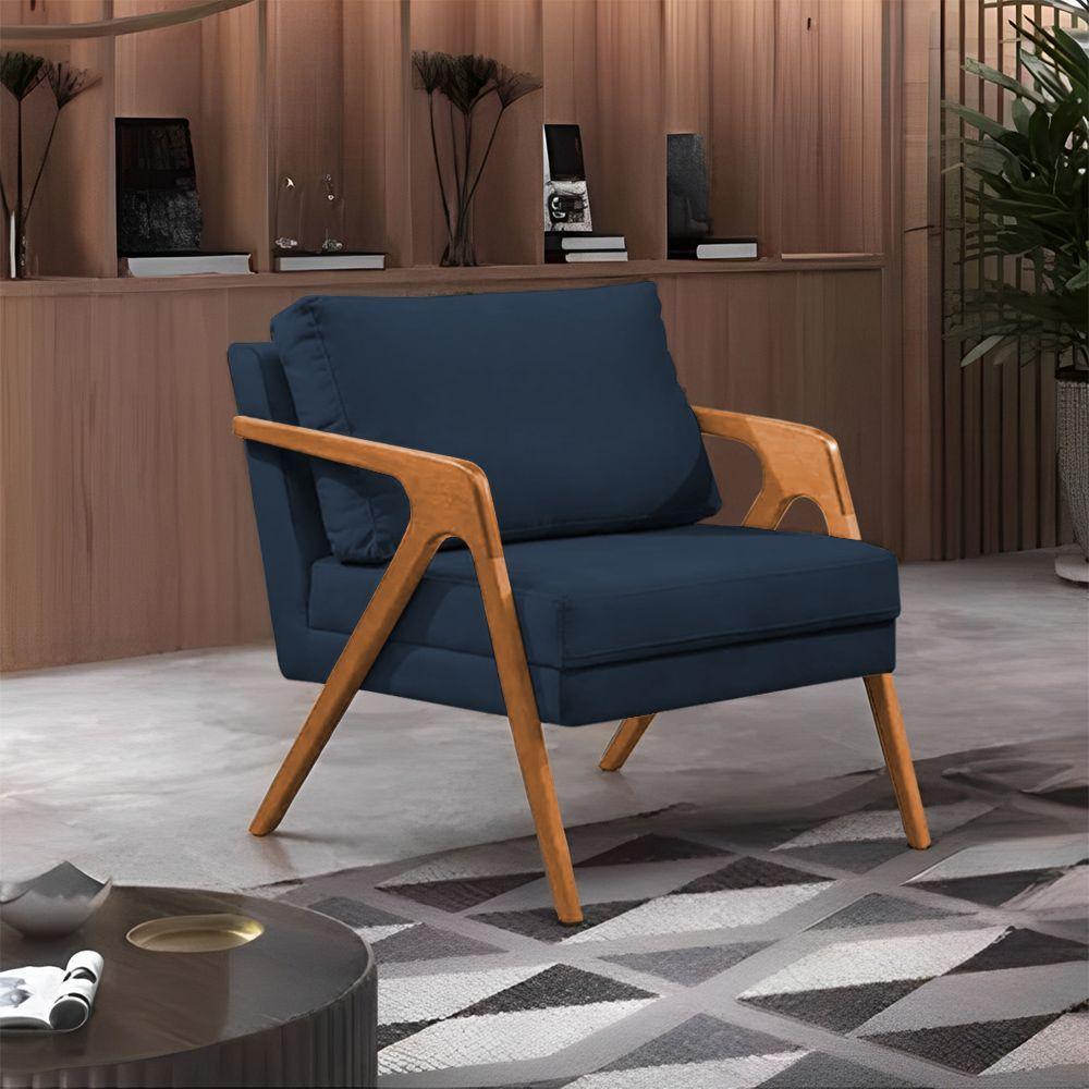 Miniatura Kit 2 Poltronas Mona Monique Luxo Base Madeira Maciça Cerejeira Veludo Azul