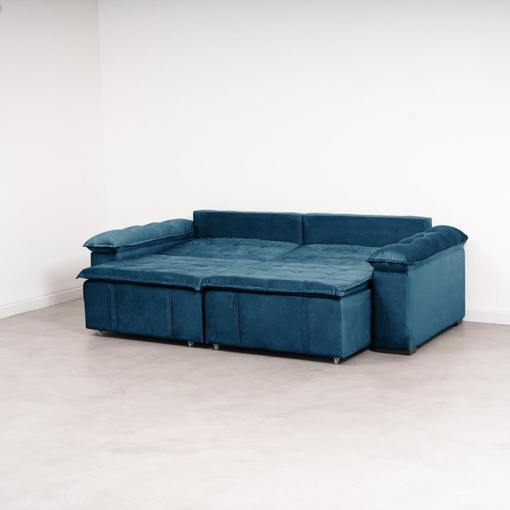 Miniatura Sofá Cama Palmeira 3 Lugares Retrátil Reclinável 2,20m Veludo com Molas CabeCasa MadeiraMadeira Azul