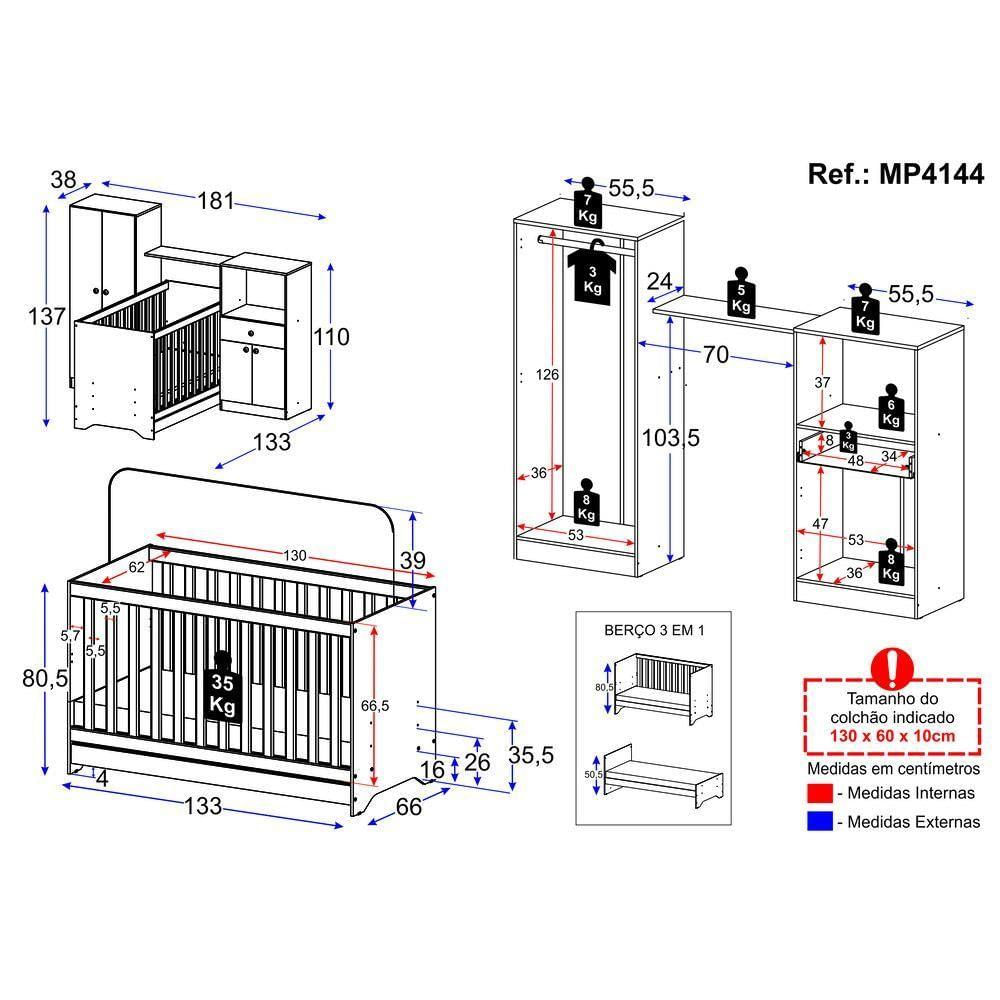 Miniatura Berço 3 Em 1 Com Colchão E Guarda-roupas 4 Portas 1 Gaveta Multimóveis Mp4162 Branco Branco