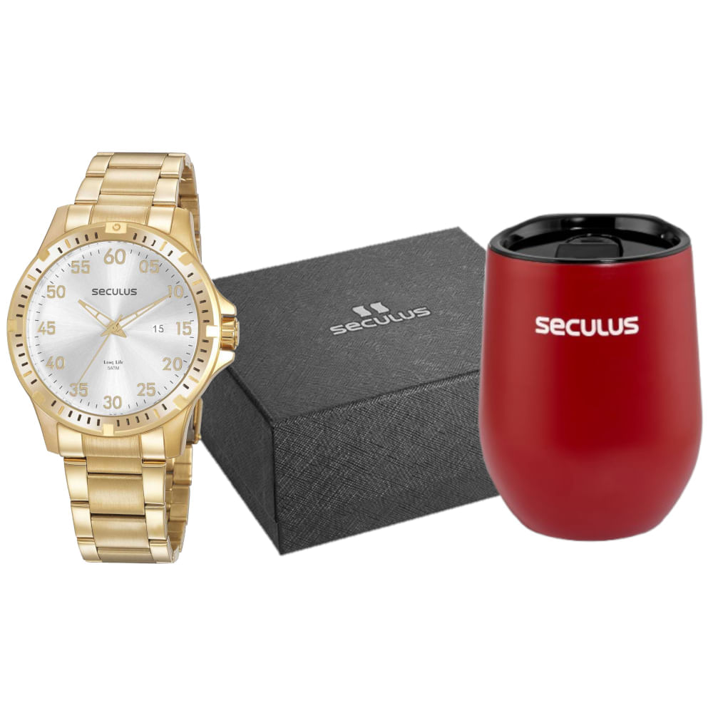Miniatura Kit Relógio Masculino Calendário Dourado com Copo Térmico