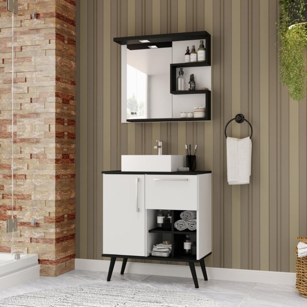 Miniatura Conjunto de Banheiro Gabinete com Pés com Cuba e Espelheira Veneza Branco/Preto