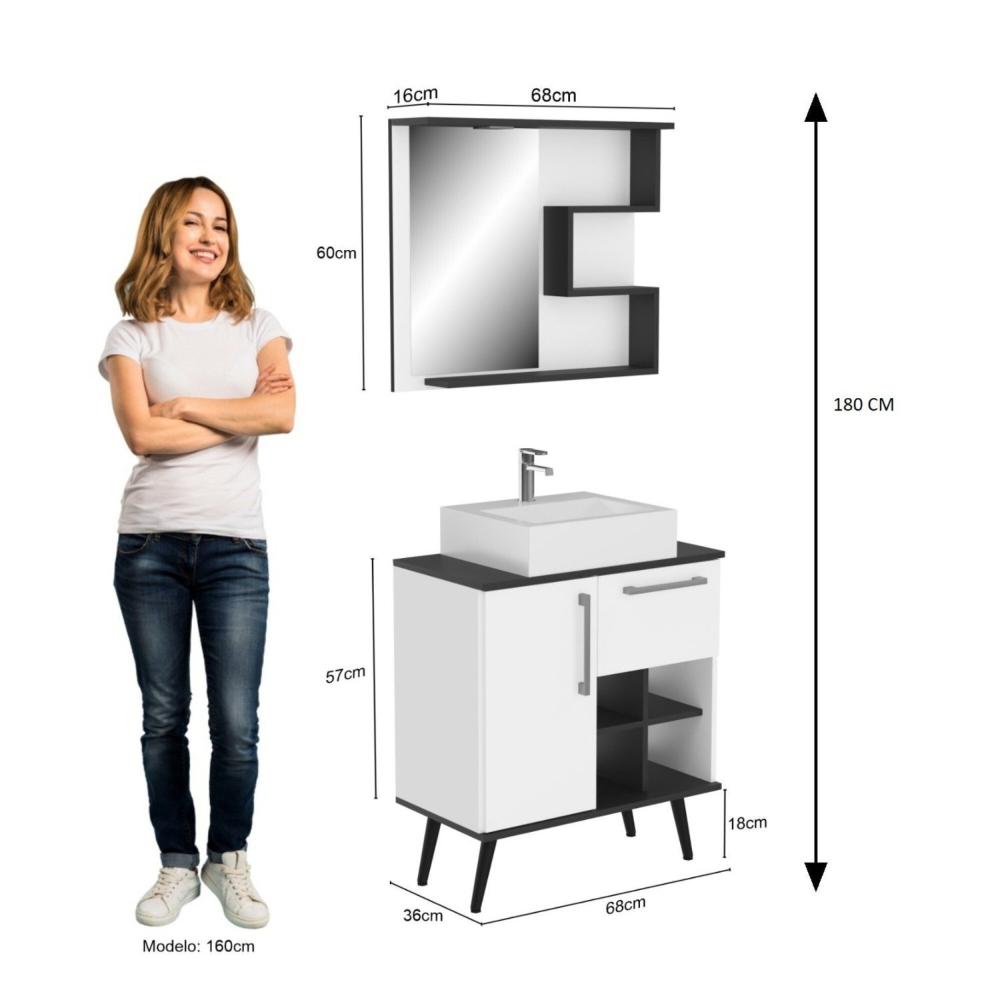 Miniatura Conjunto de Banheiro Gabinete com Pés com Cuba e Espelheira Veneza Branco/Preto