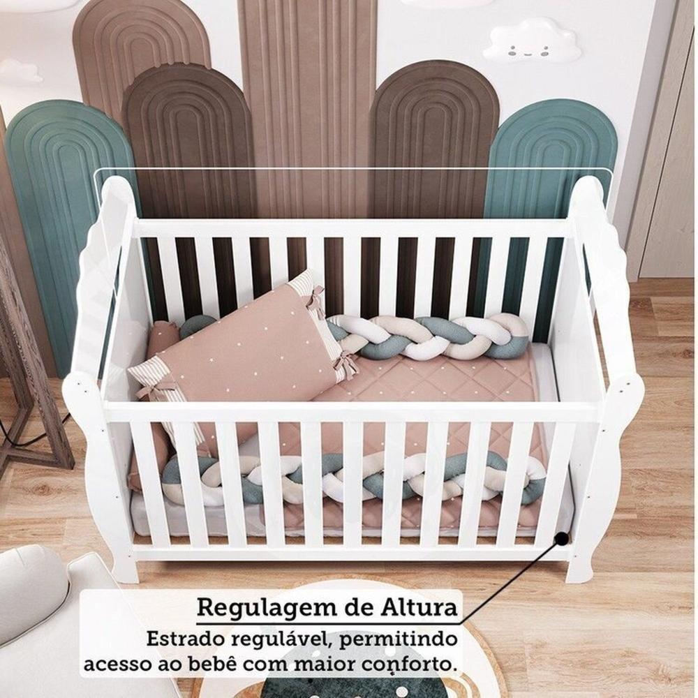 Quarto de Bebê Completo Berço Minicama Guarda-roupa 4 Portas e Cômoda 100% Mdf Nina Espresso Móveis Branco Brilho