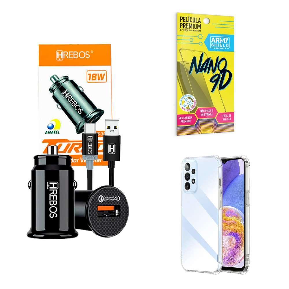 Miniatura Carregador Veicular Com Capinha Samsung A23 5G + Película 9D