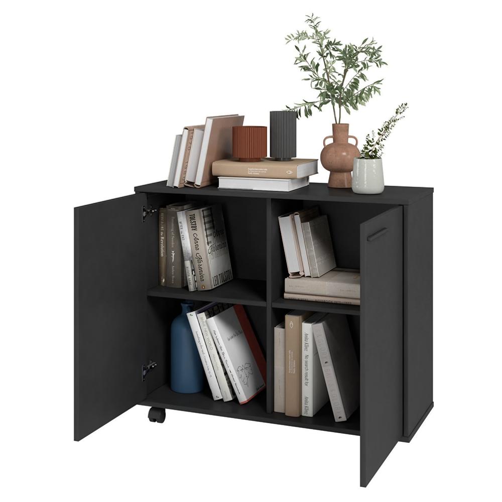 Miniatura Balcão Multiuso 2 Portas 2 Prateleiras com Rodízios MDP 12mm Preto