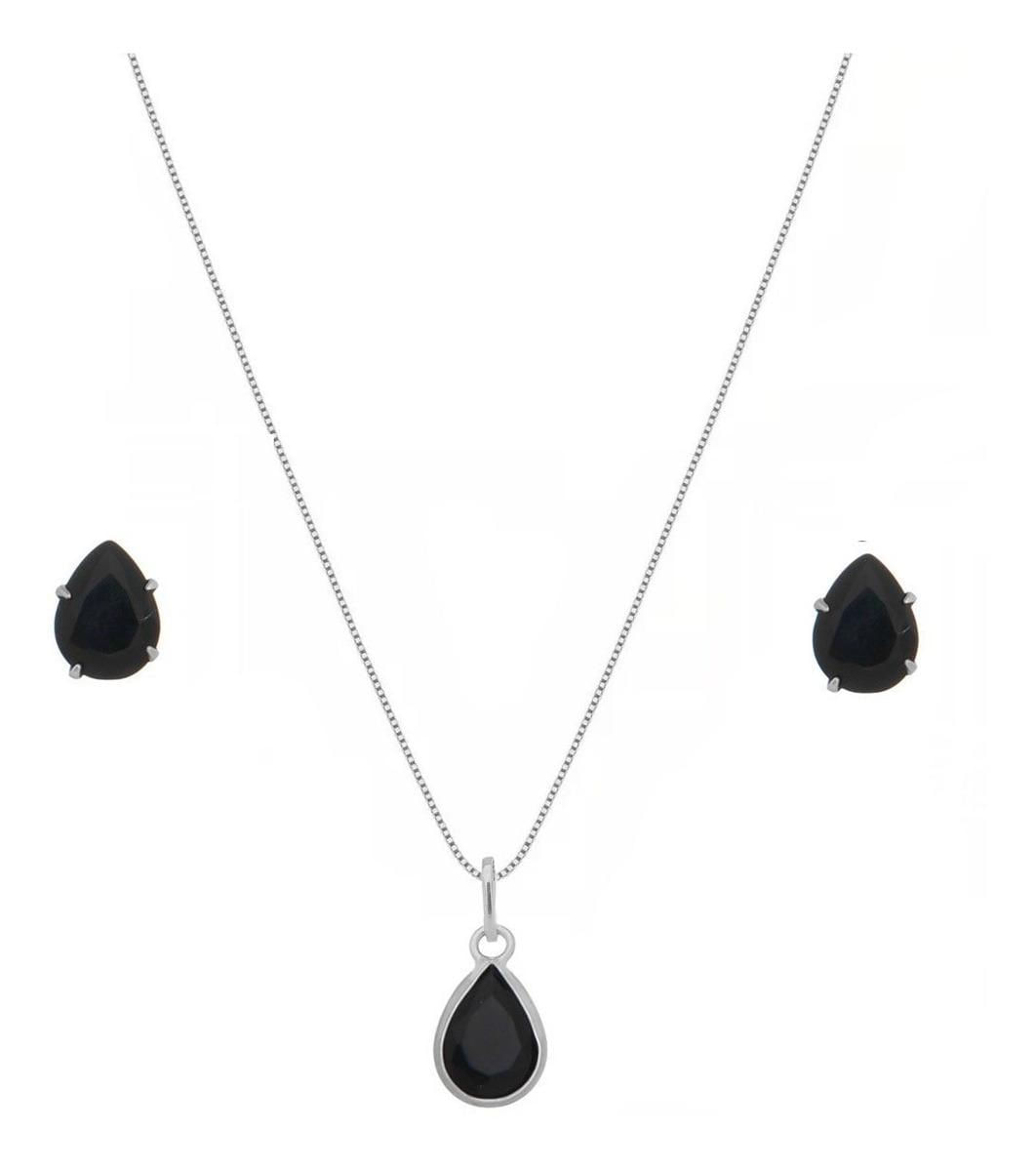 Conjunto Colar Brinco Prata 925 Legítima Pedra Azul, Verde
