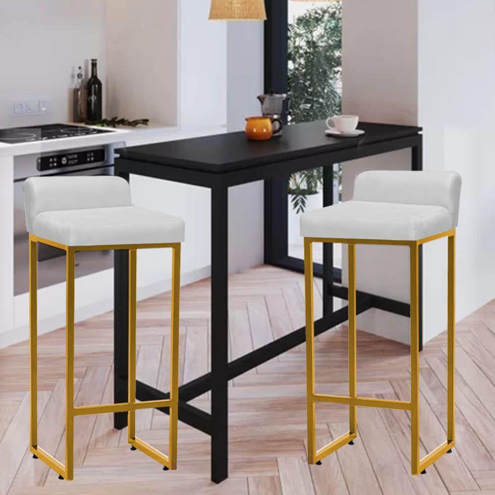 Miniatura Kit 04 Banqueta Alta Mia Cozinha Bistrô Bar Balcão Ferro Dourado Sintético Branco - Amey Decor