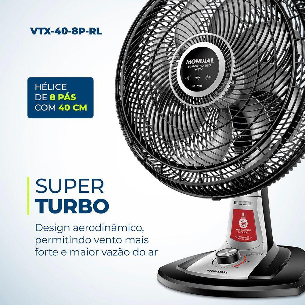 Ventilador De Mesa 40cm Mondial Vtx-40-8p-rl Turbo 8 Pas Repelente Liquido Preto Com Prata 220 V