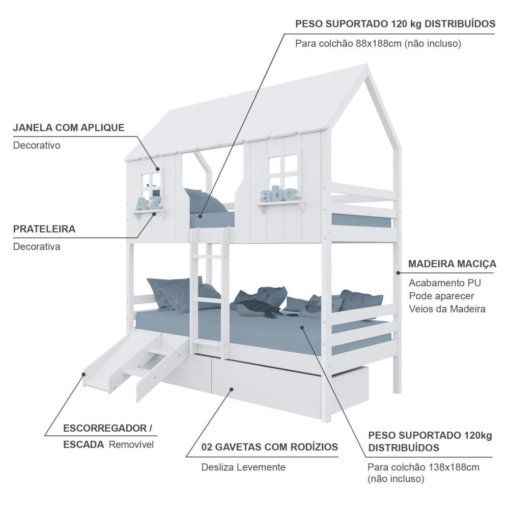 Miniatura Beliche Casinha Encantada Com 02 Gavetas Kit Escada/ Escorregador Madeira Maciça Branco Housin